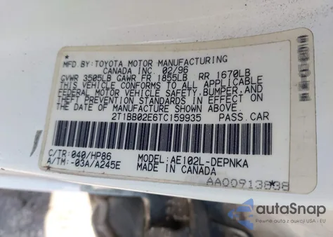 1996 Toyota Corolla Dx z USA, uszkodzony, nr VIN 2T1BB02E6TC159935